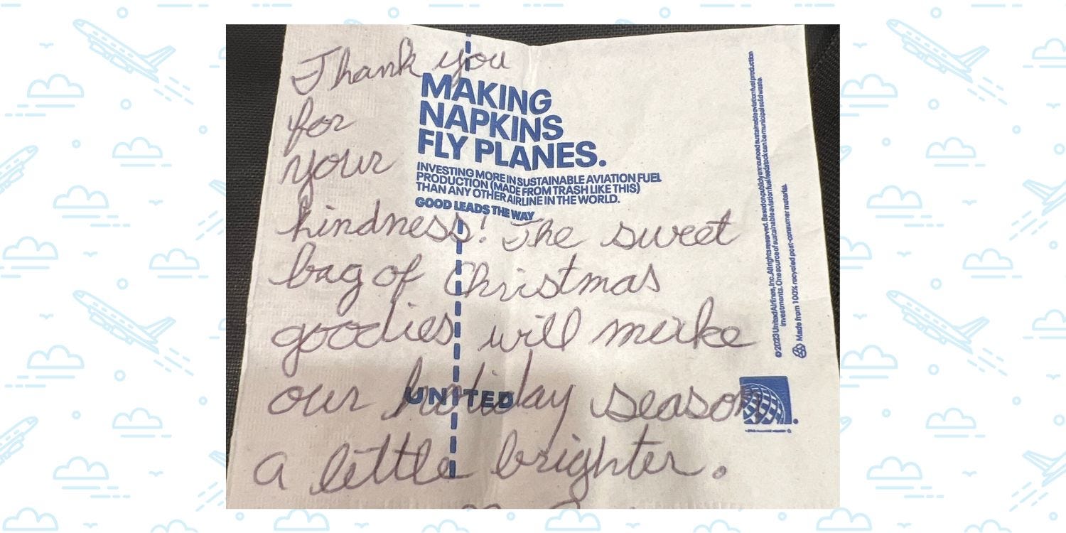 Thank you note written on a United napkin by the flight crew.